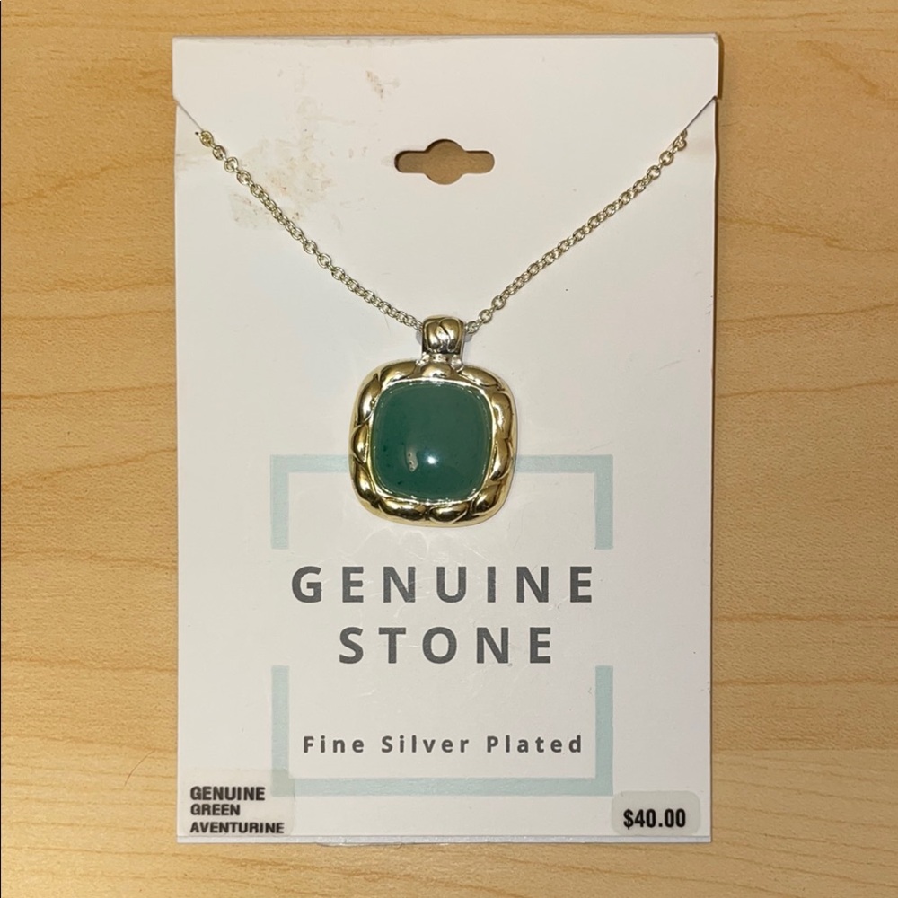 NWT Silver Plated Necklace with Green Aventurine Square-Cut Pendant